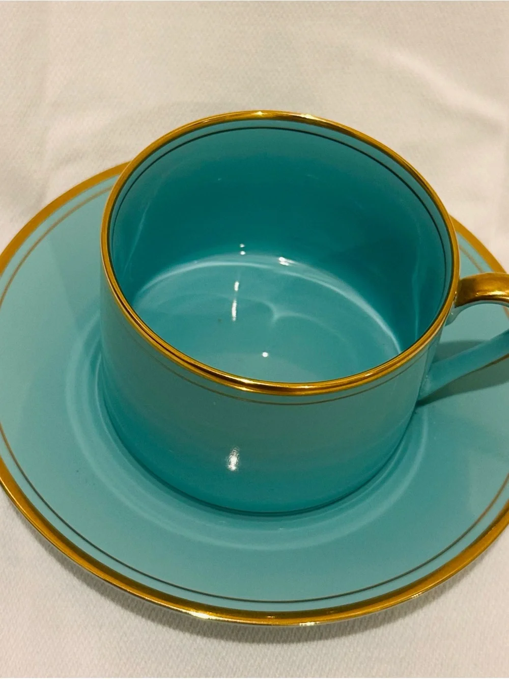 Fitz and Floyd Pavillon Turquoise Cup and Saucer with Gold Trim